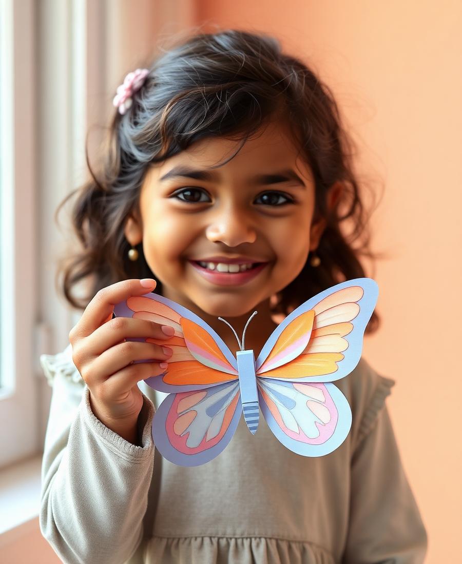 Little girl smiling with handmade paper butterfly