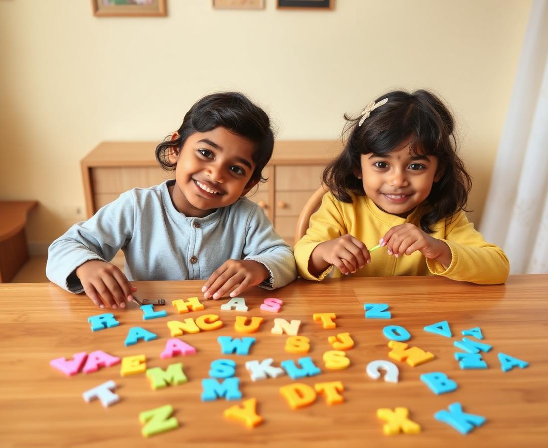 Two children playing with colorful alphabet letters