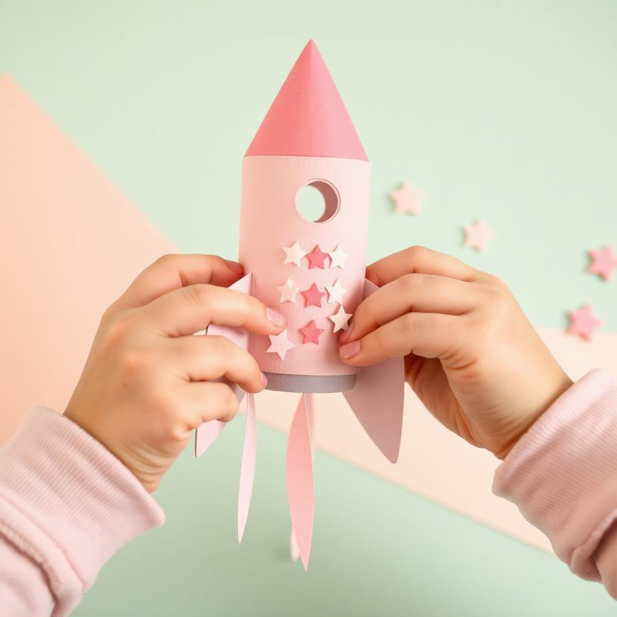 Small hands assembling a pastel paper rocket craft