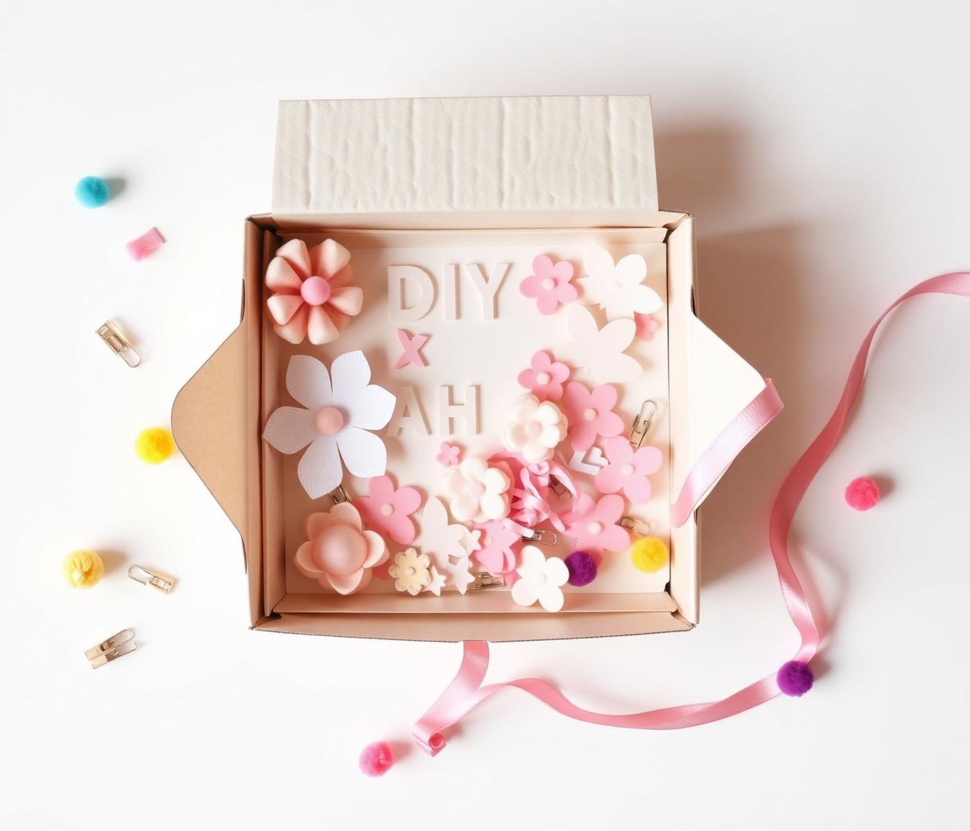 Open handmade DIY craft kit box with pastel paper flowers